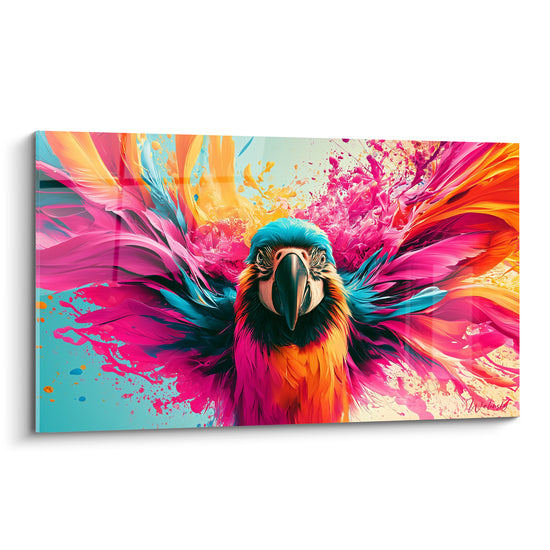 Ara aux ailes déployées en rose fuchsia et bleu turquoise, tête bleue et poitrail orangé, éclaboussures de peinture