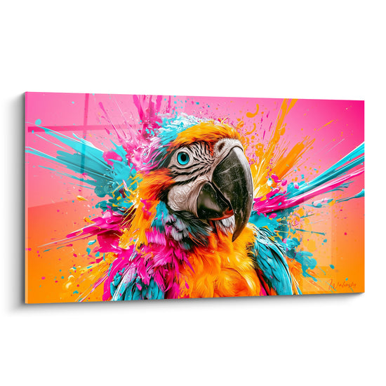 Perroquet ara à l'œil bleu glacé, plumage orangé et turquoise éclatant sur fond rose fuchsia