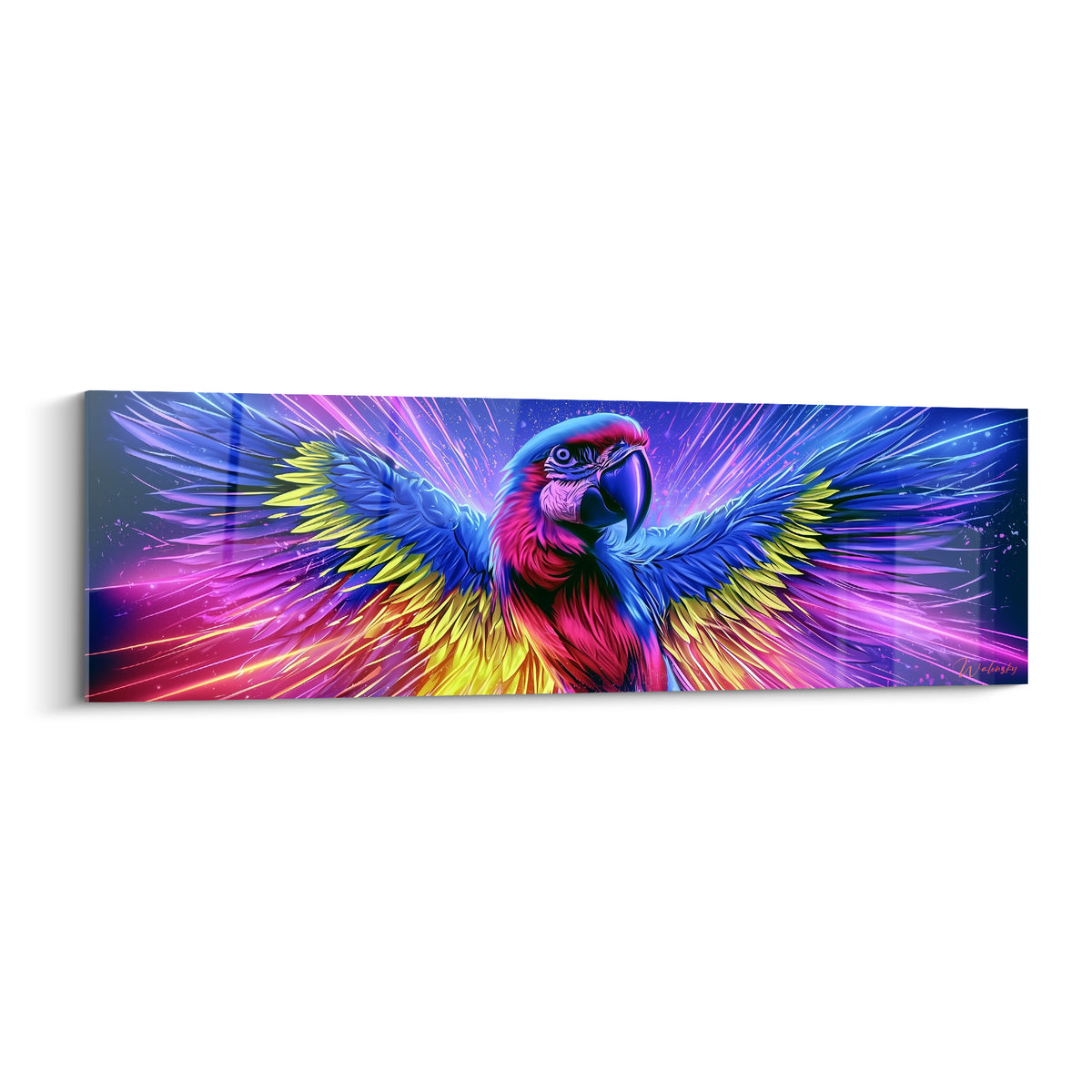 Perroquet aux ailes déployées, plumage rouge magenta et bleu électrique sur fond nuit violacé