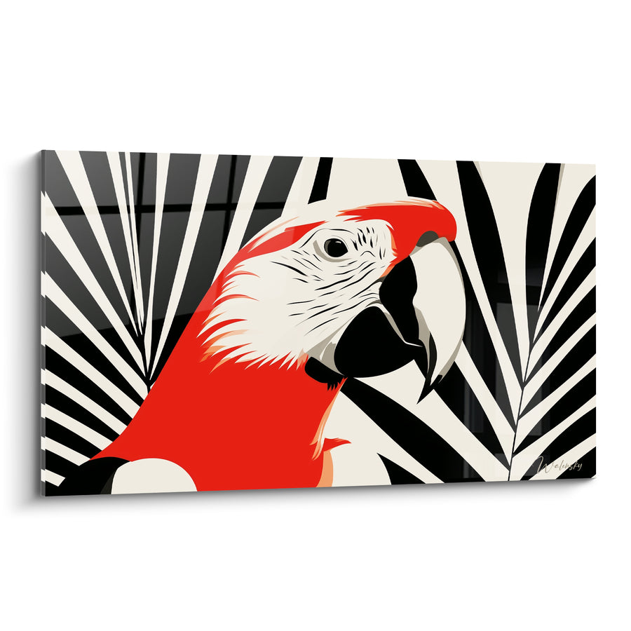 Tableau Ara rouge et noir aux palmes graphiques - Motif végétal contrasté - Edition Perroquet