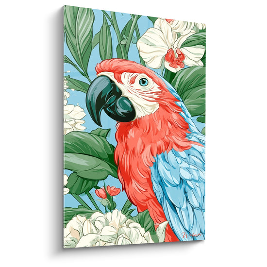Perroquet ara au plumage rouge et bleu ciel, bec noir courbé, entouré de fleurs blanches et feuillage vert