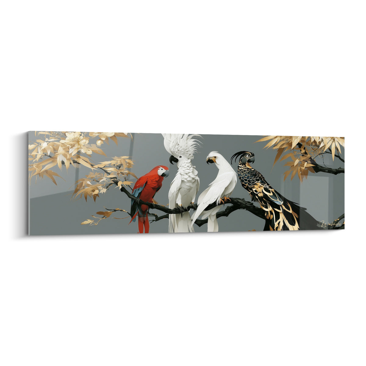 Perroquets rouge, blanc et doré perchés sur une branche, fond gris anthracite, style graphique raffiné