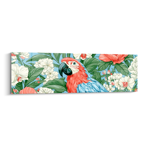 Tableau Ara rouge parmi fleurs blanches et bec noir - Échappée tropicale - Edition Perroquet