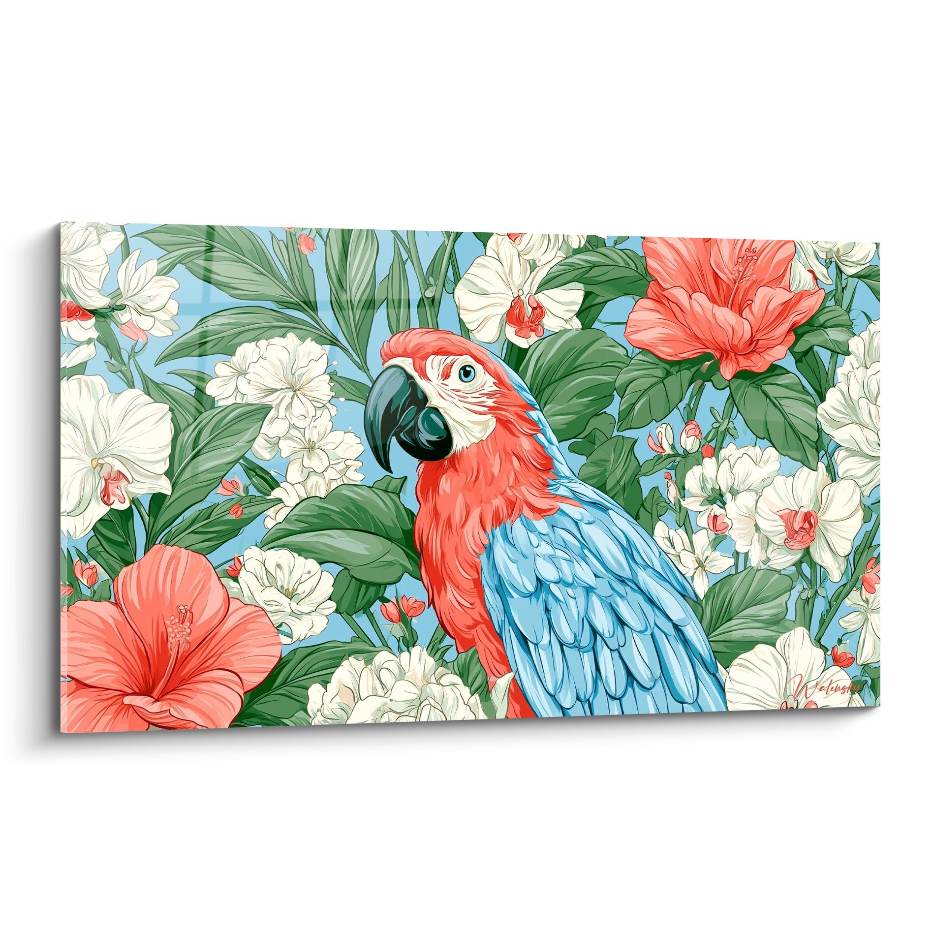 Ara rouge et bleu ciel au bec noir posé parmi hibiscus corail et orchidées blanches