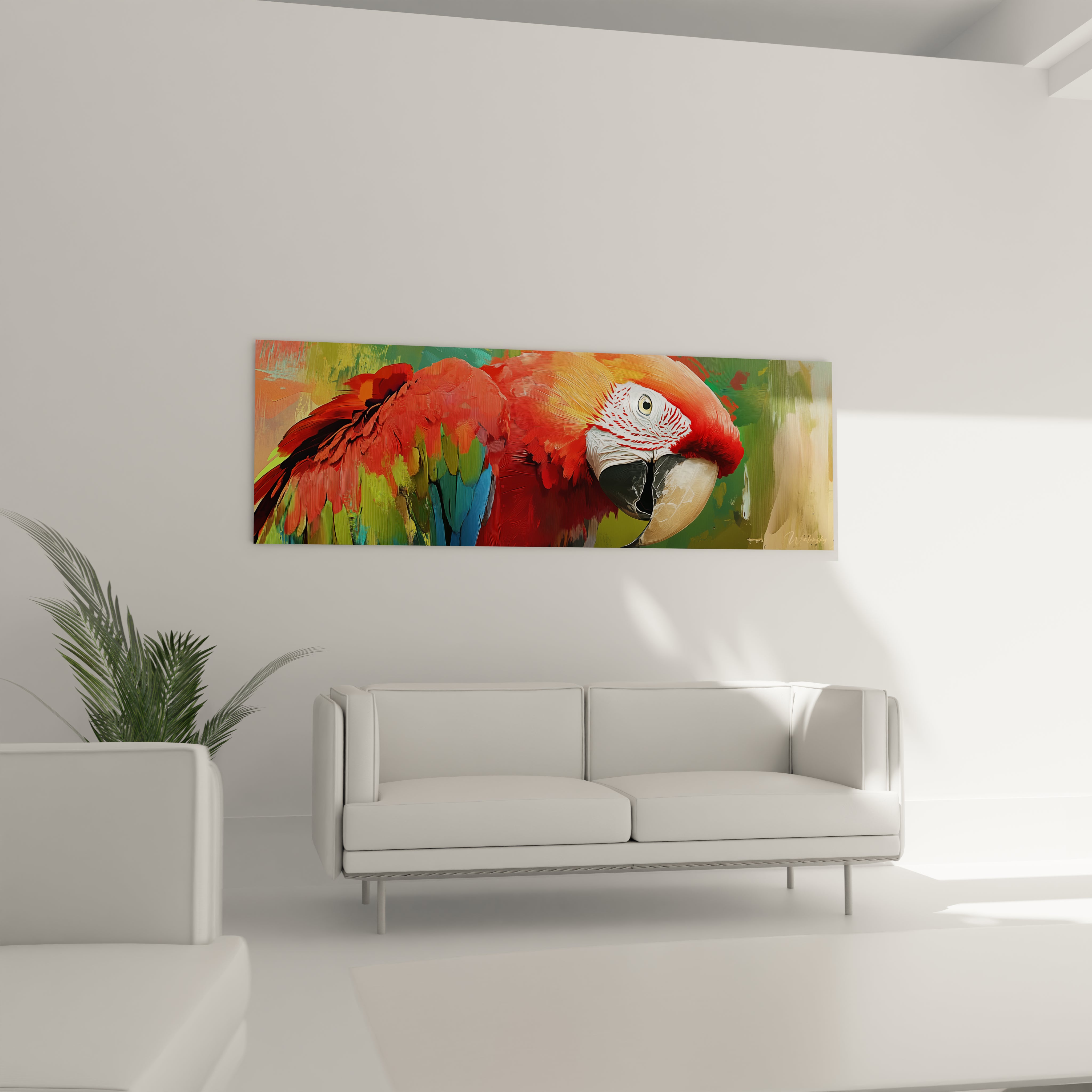 Tableau perroquet coloré Walensky accroché au-dessus d'un canapé blanc dans un salon moderne