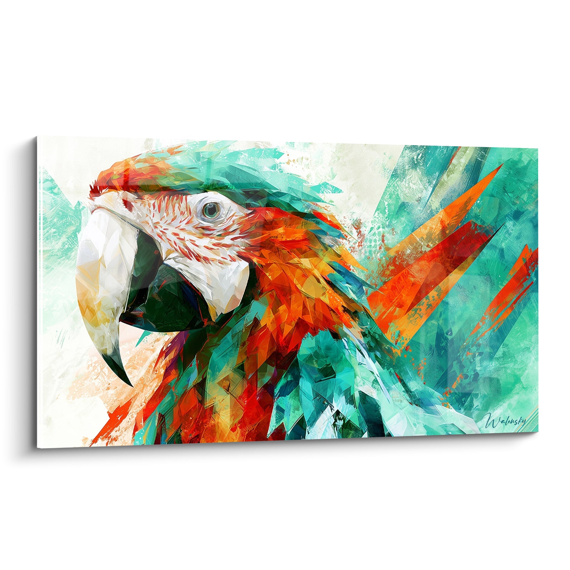 Ara au bec pâle et plumage rouge, orangé et turquoise fragmenté en facettes géométriques