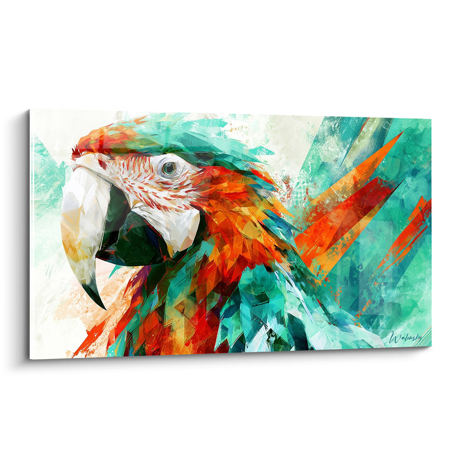 Tableau Ara aux plumes rouges et turquoise géométriques - Éclat tropical fragmenté - Edition Perroquet