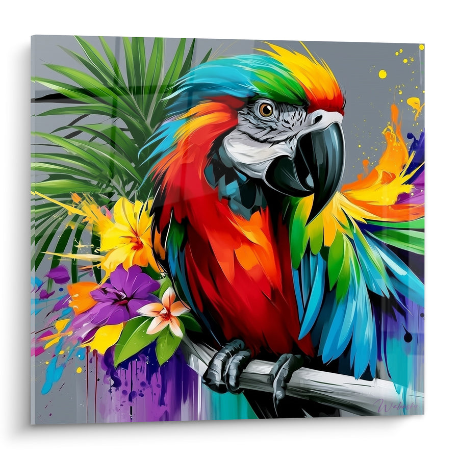 Tableau Ara rouge aux plumes bleu turquoise et feuillage tropical - Éveil tropical - Edition Perroquet