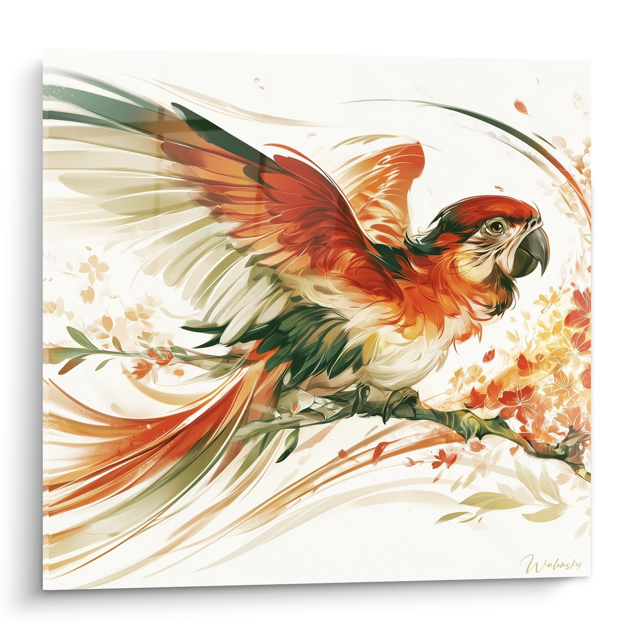 Perroquet ara aux ailes rouge et vert déployées sur fond ivoire, style aquarelle raffiné