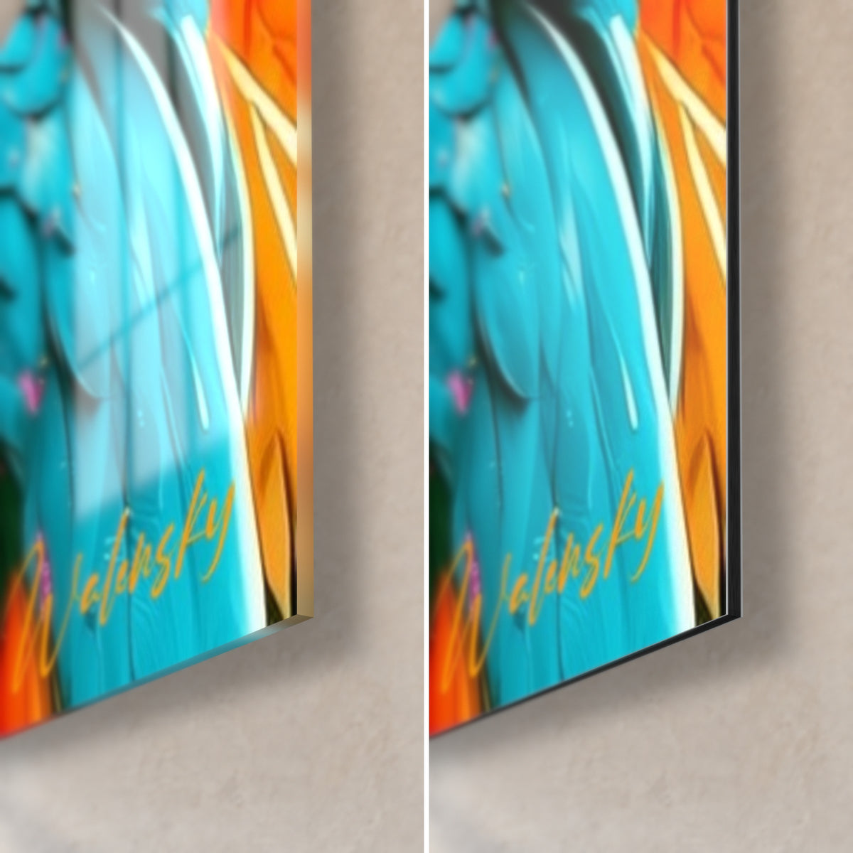 Tableau ara aux plumes turquoise et orange, coin bas droit : verre acrylique brillant à gauche, alu Dibond mat à droite, tranche de 3 mm