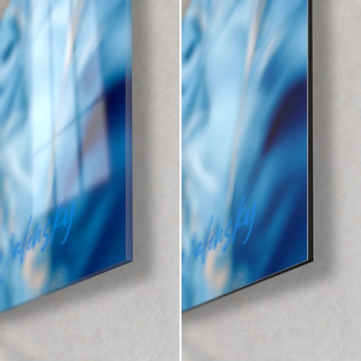 Gemälde Vogel mit königsblauem und cremefarbenem Gefieder, rechts unten, glänzendes Acrylglas links, matter Dibond-Alu rechts