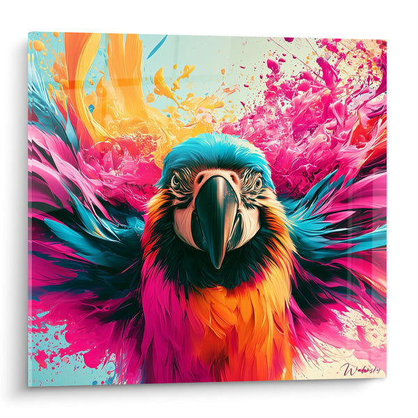 Leinwand Ara Türkis und Fuchsia mit durchdringendem Blick - Symmetrische Frontalansicht - Edition Perroquet