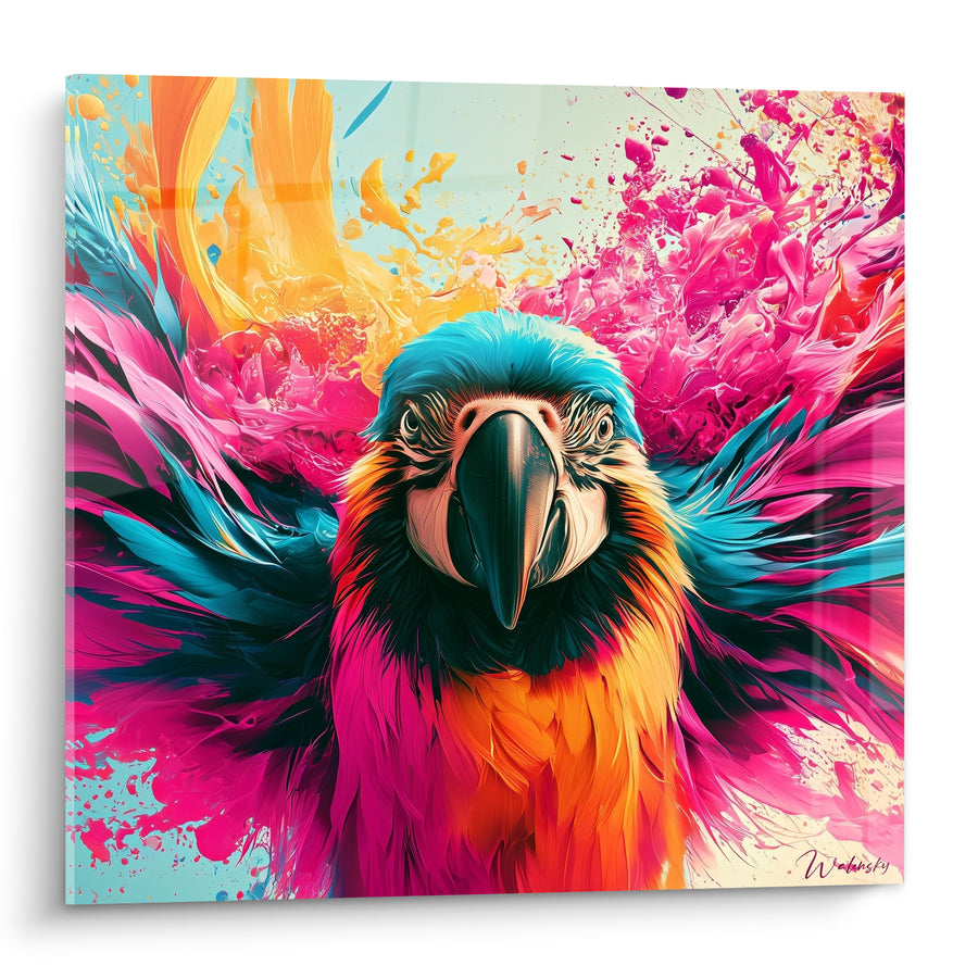 Tableau Ara turquoise et fuchsia au regard perçant - Face frontale symétrique - Edition Perroquet