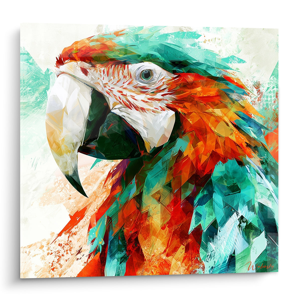 Perroquet ara au bec blanc, plumes turquoise et orange fauve traitées en facettes graphiques