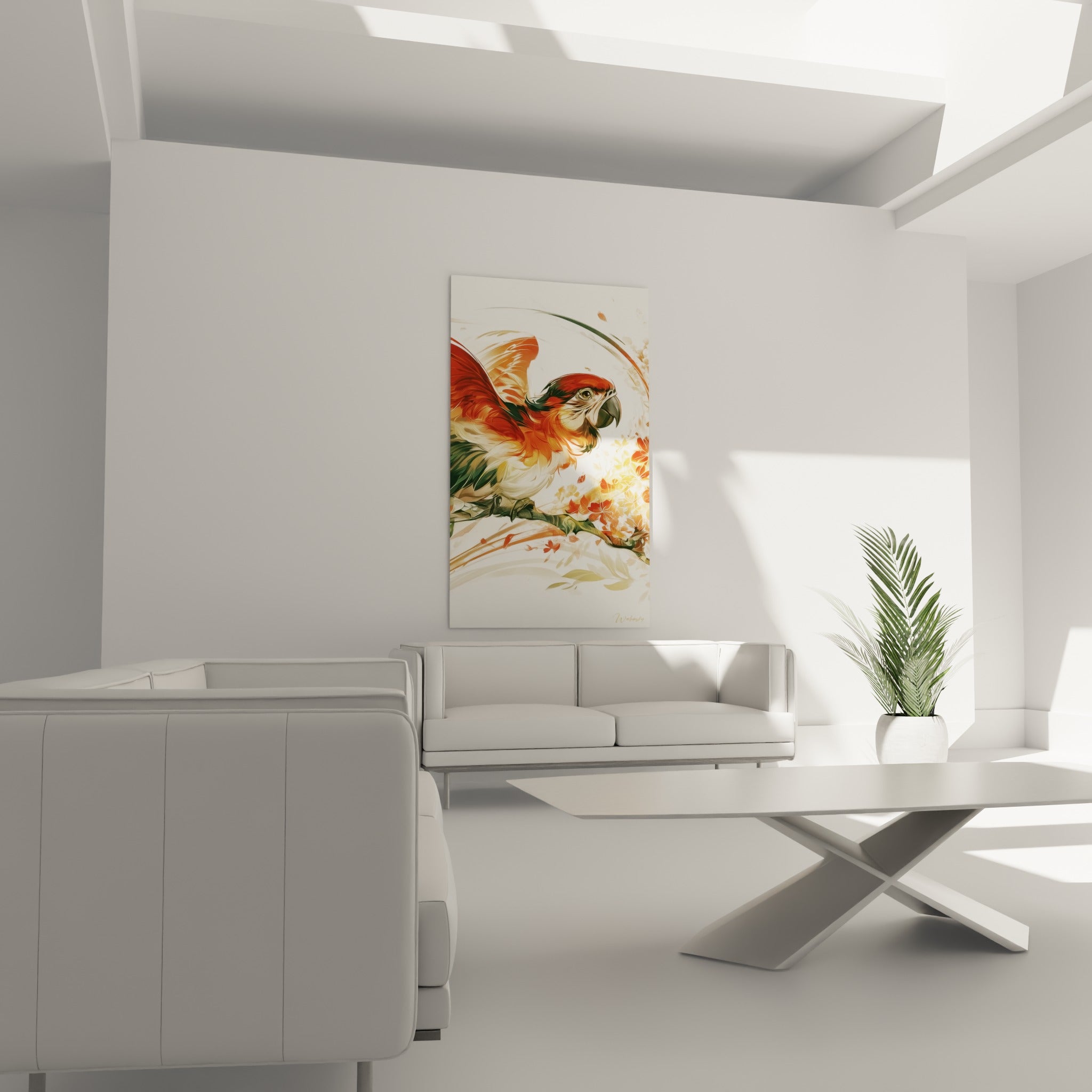 Oiseau exotique aux tons orangés et vert olive, au-dessus d'un canapé dans un salon lumineux