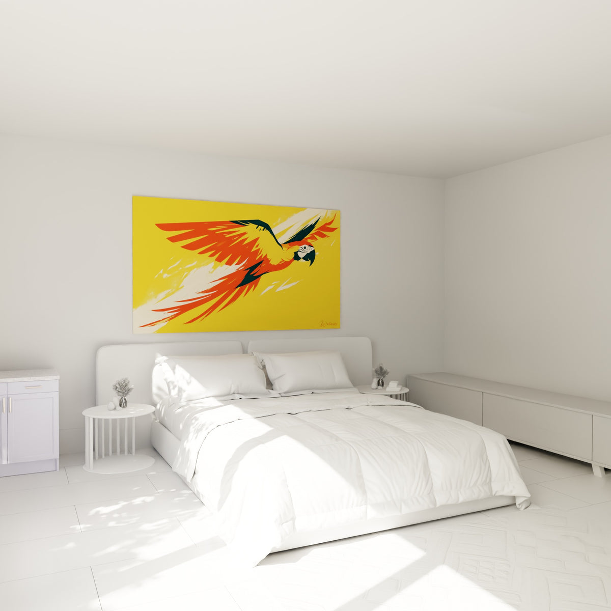 Ara jaune et orangé aux ailes déployées, accroché au-dessus d'un lit dans une chambre claire