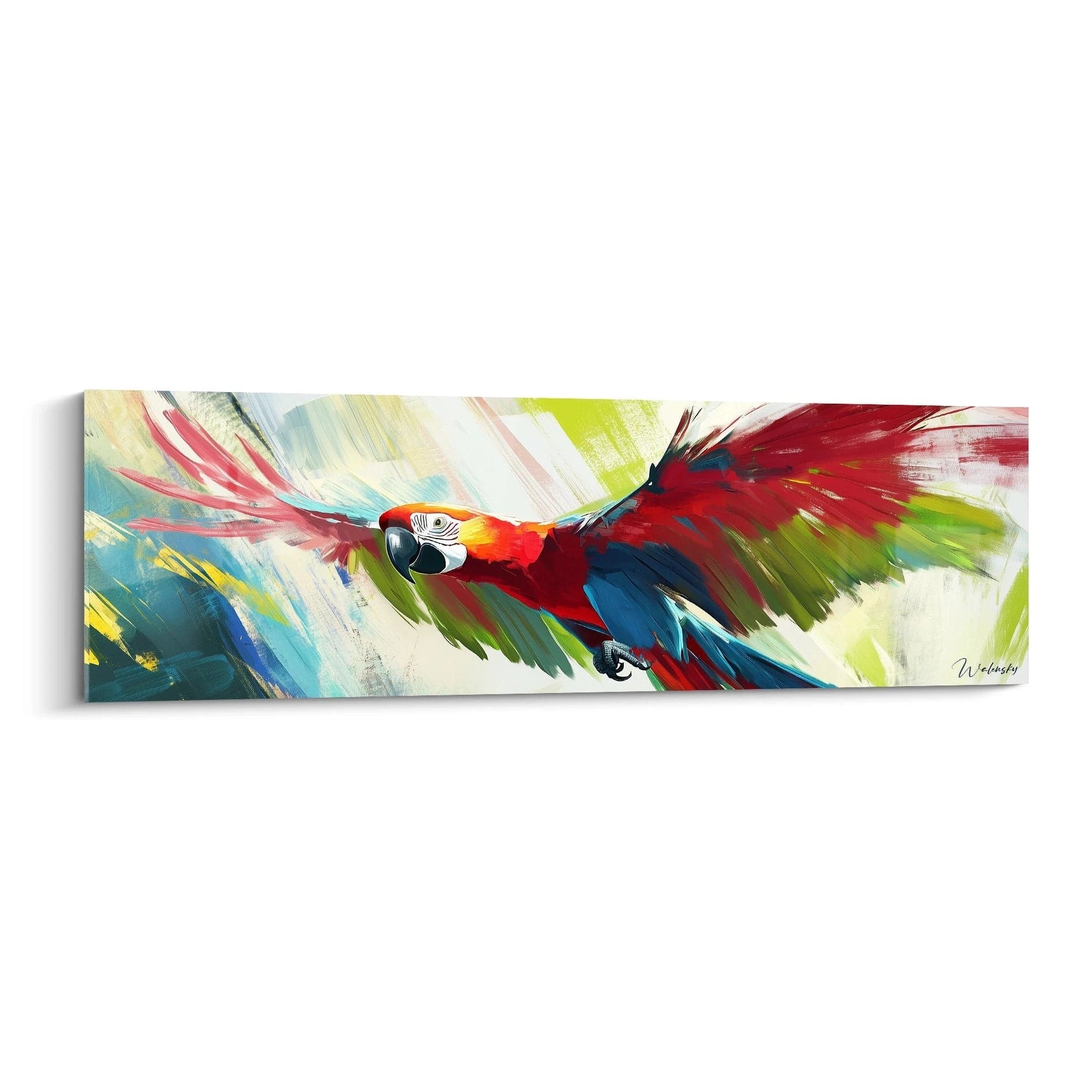 Tableau perroquet coloré en vol par Walensky avec peinture artistique abstraite