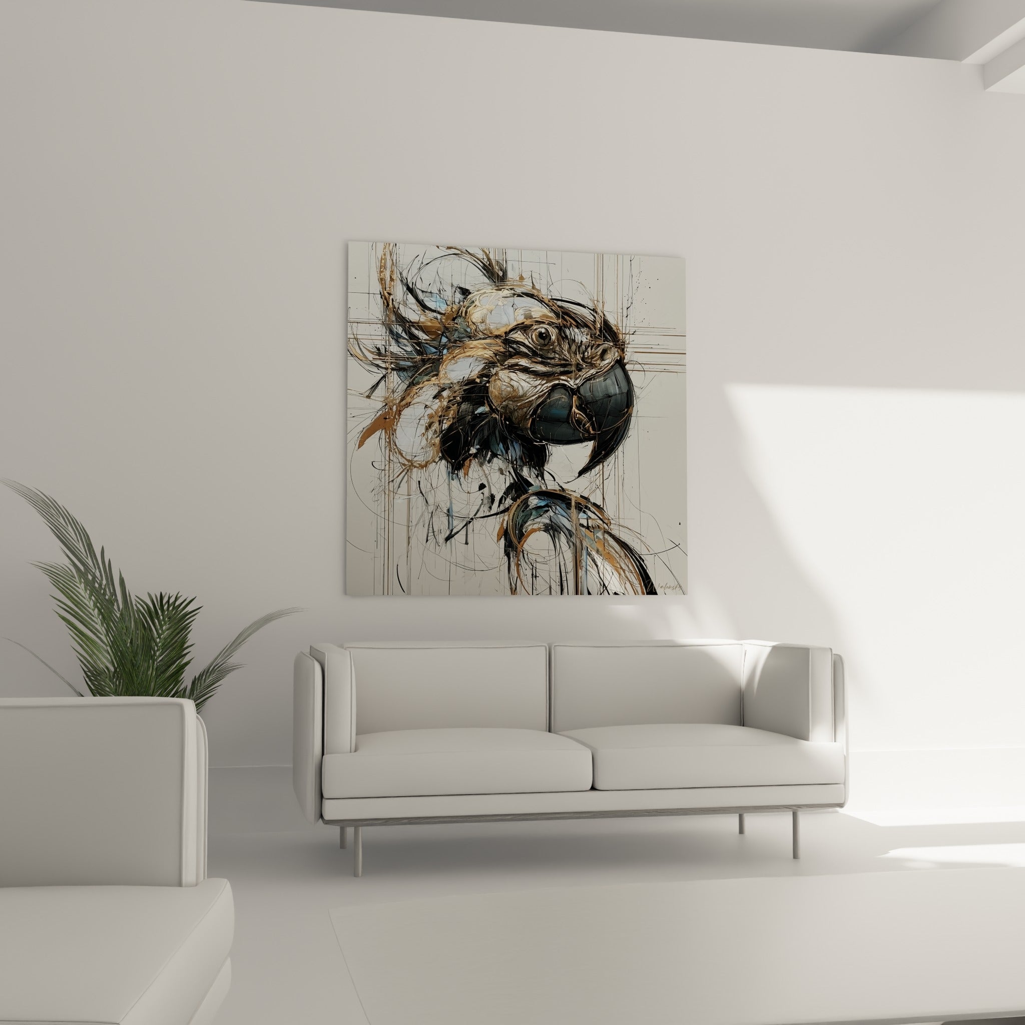 Oiseau anthracite et ocre au regard perçant, suspendu au-dessus d'un canapé dans un salon lumineux