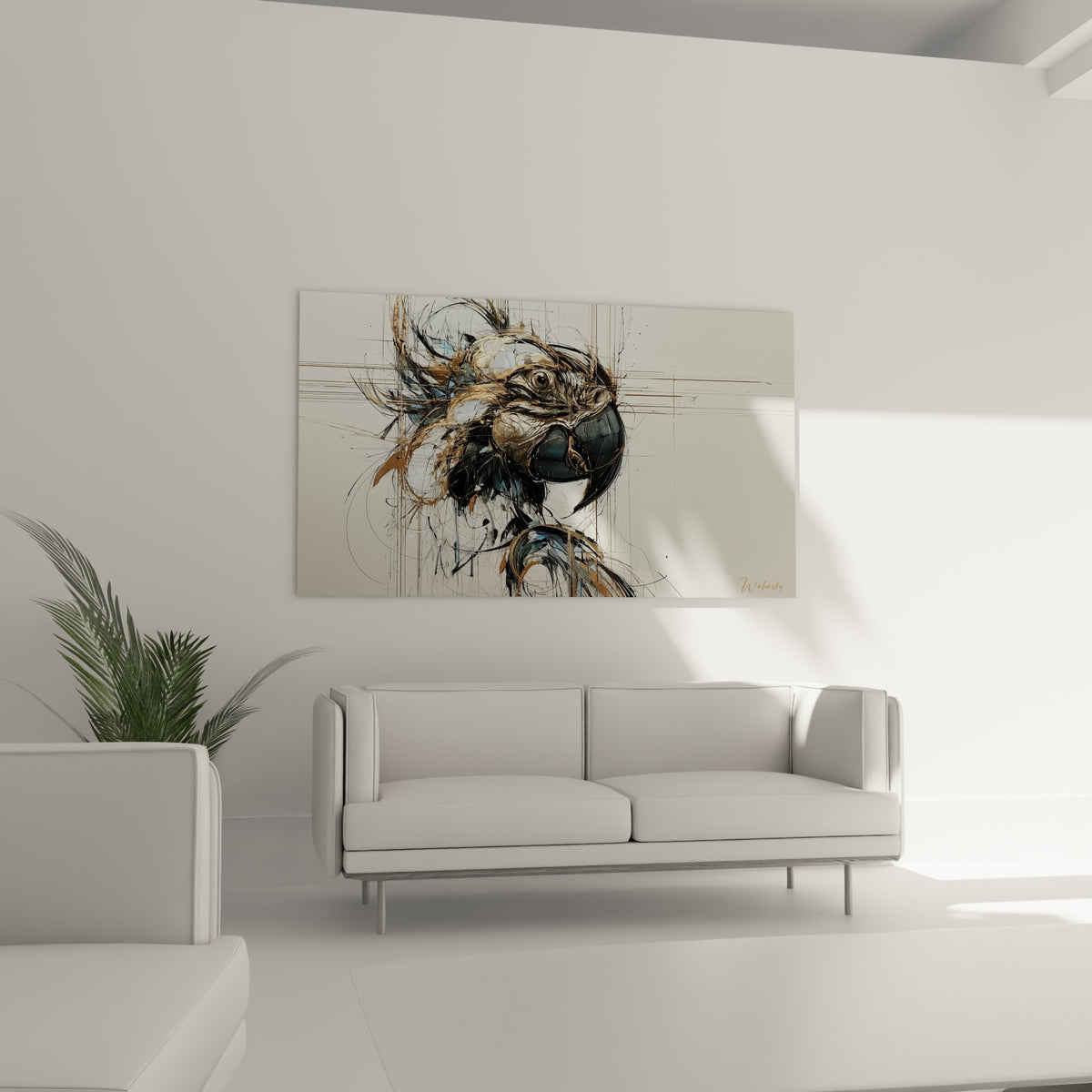 Portrait graphique de perroquet anthracite et beige, accroché au-dessus d'un canapé dans un salon lumineux