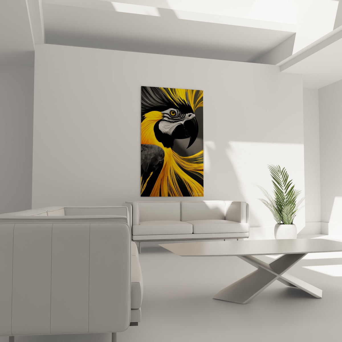 Perroquet noir et jaune au bec massif argenté, disposé au-dessus d'un canapé dans un salon lumineux