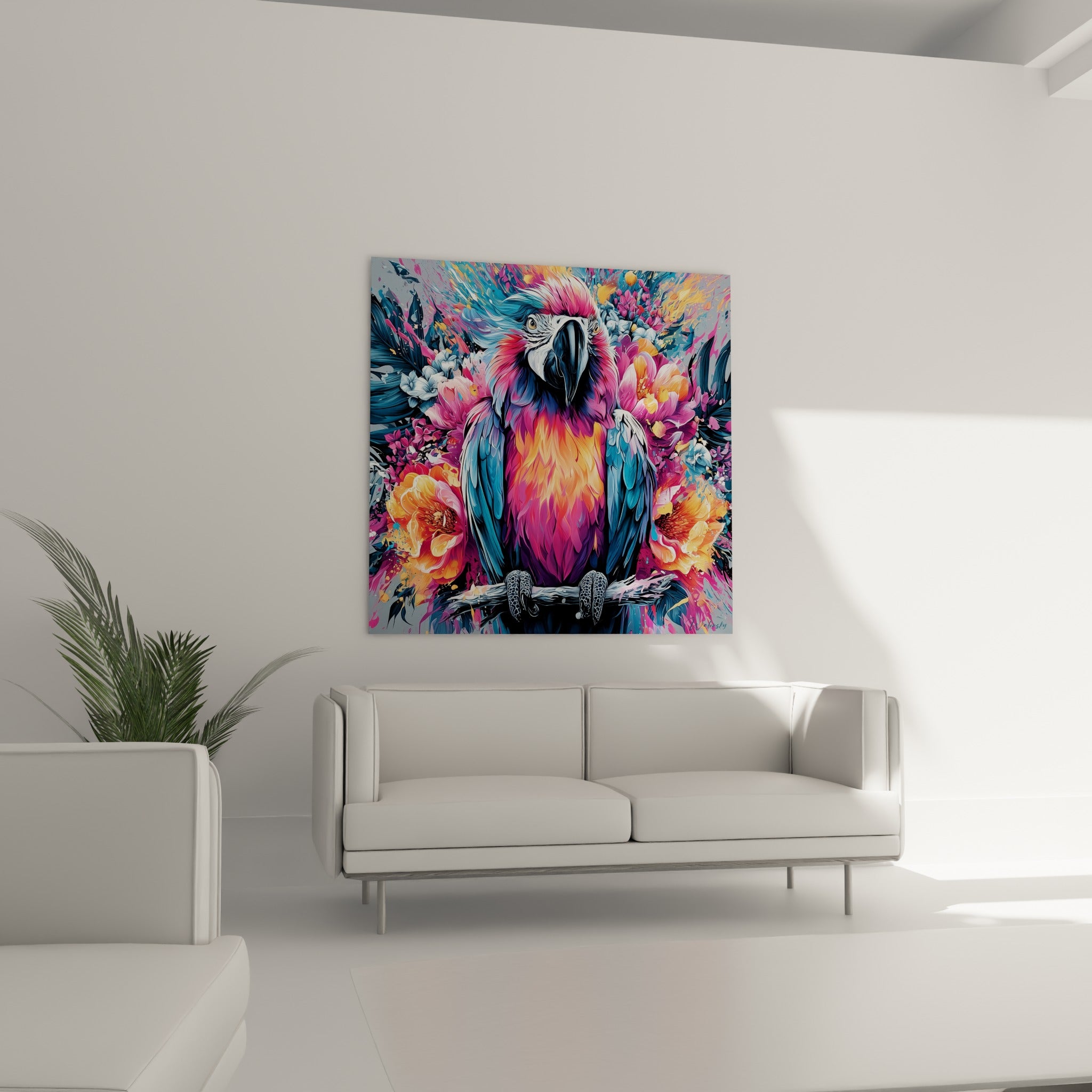 Bec noir et regard doré de l'ara entouré de fleurs orange, au-dessus d'un canapé dans un salon lumineux