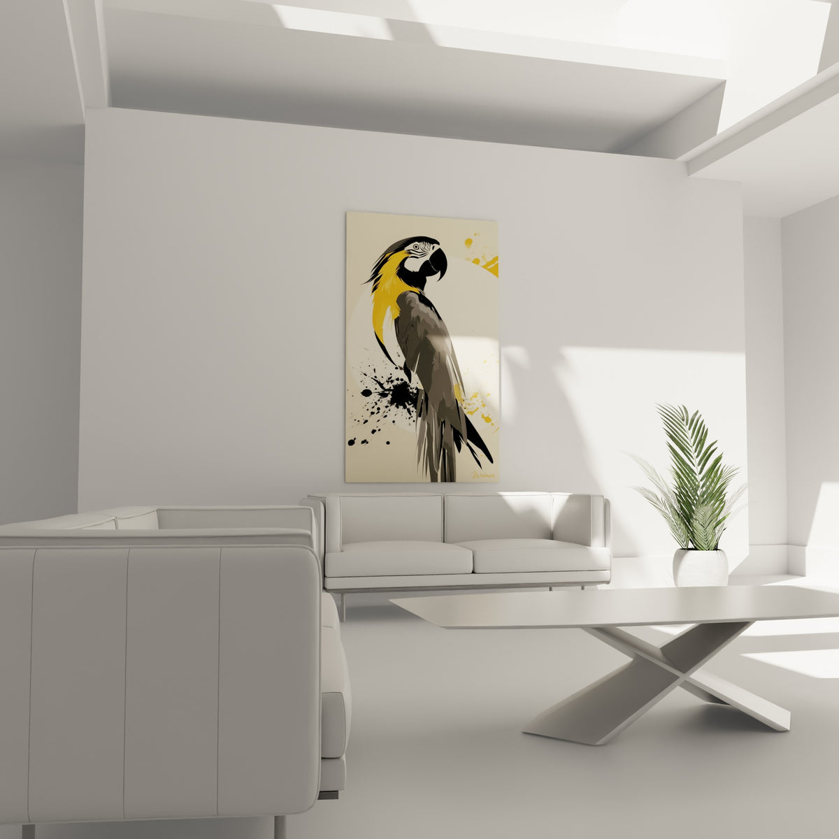 Bec noir massif et œil blanc du perroquet jaune et gris, au-dessus d'un canapé dans un salon lumineux