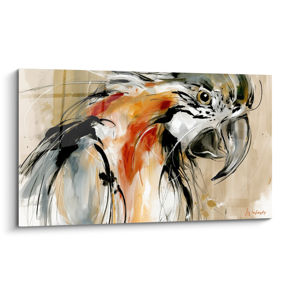 Perroquet au bec noir crochu et œil doré, plumage orangé et anthracite sur fond beige texturé