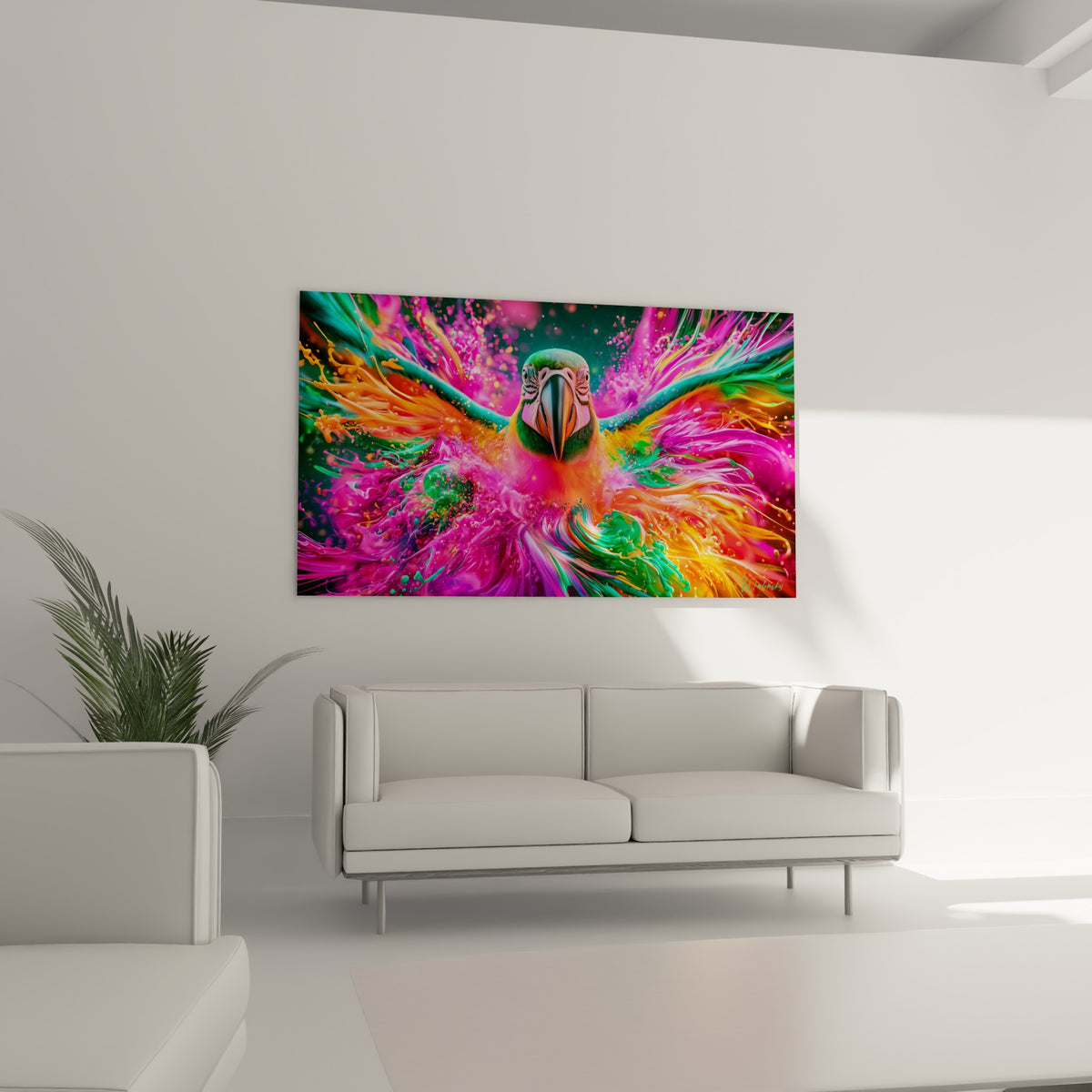 Bec orangé et plumage vert du perroquet cerné d'éclats fuchsia au-dessus d'un canapé dans un salon lumineux