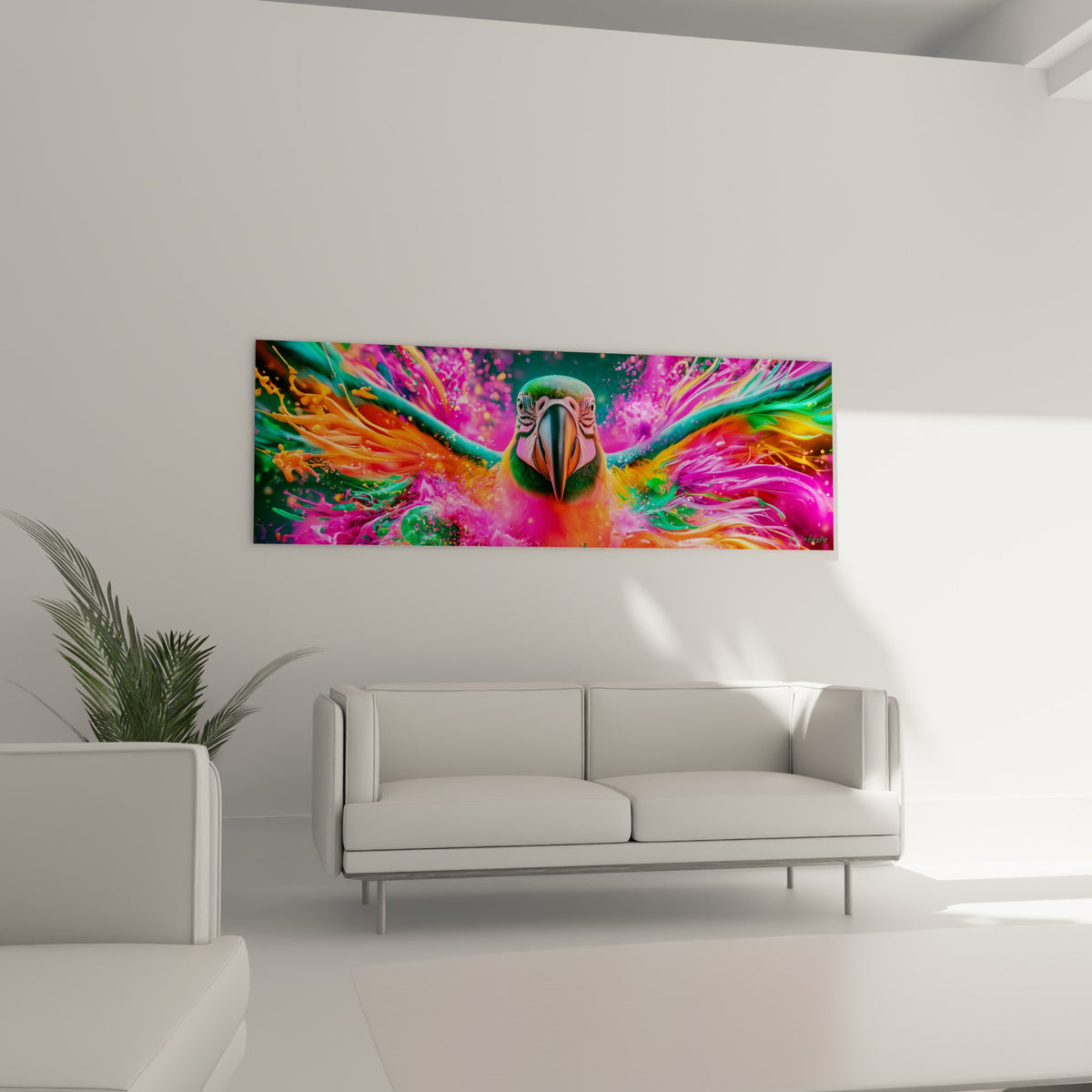 Bec orangé et yeux noirs perçants entourés de traînées magenta et émeraude, au-dessus d'un canapé dans un salon lumineux