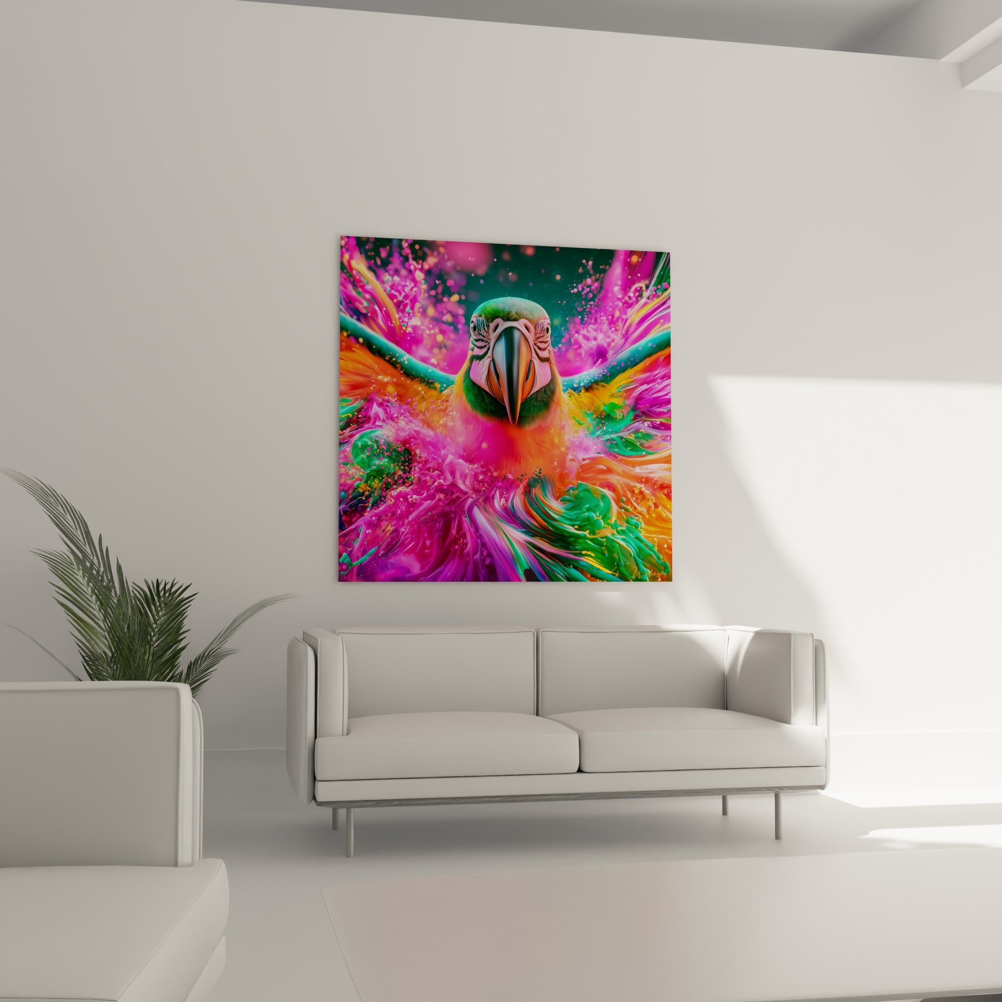 Bec orangé et plumage turquoise du perroquet fusionnant avec des vagues fuchsia, au-dessus d'un canapé dans un salon lumineux