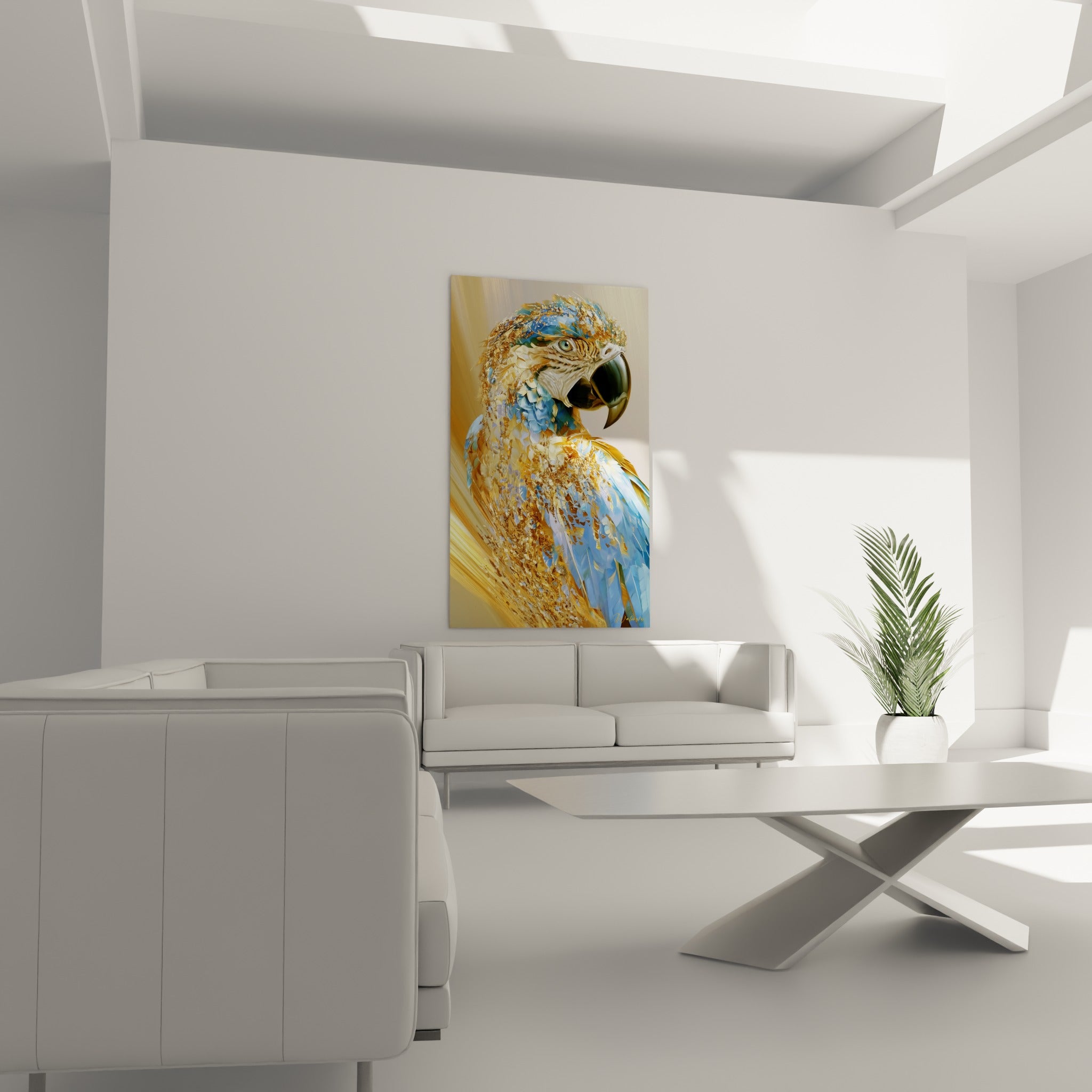 Tête de perroquet doré et bleu pastel, texture façon mosaïque, au-dessus d'un canapé dans un salon lumineux