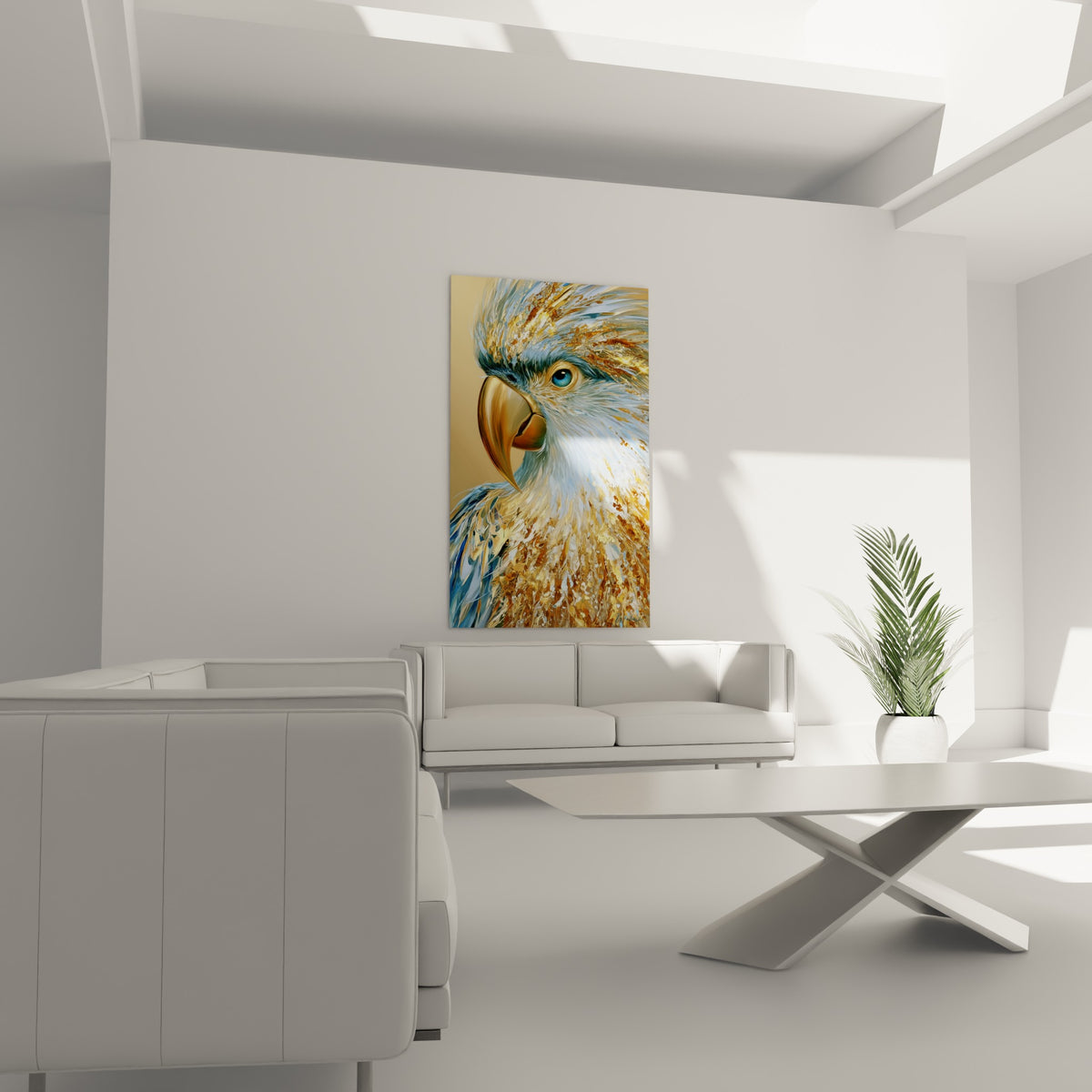Perroquet aux reflets ocre et bleu turquoise disposé au-dessus d'un canapé dans un salon lumineux
