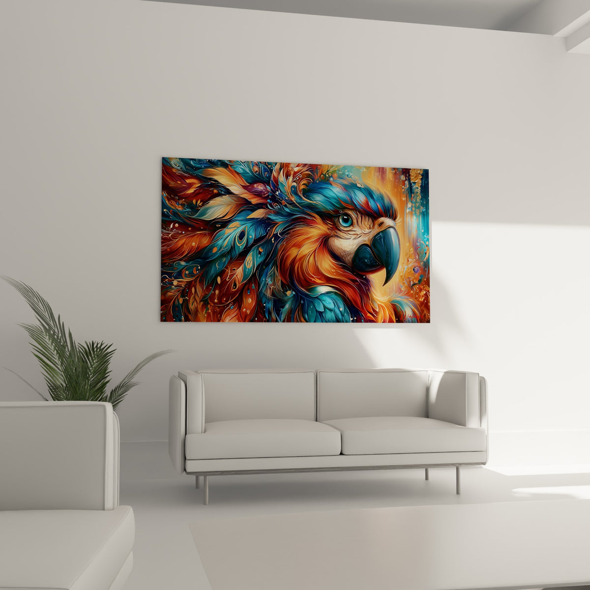 Œil bleu perçant d'un perroquet aux plumes rousses et turquoise, disposé au-dessus d'un canapé dans un salon lumineux