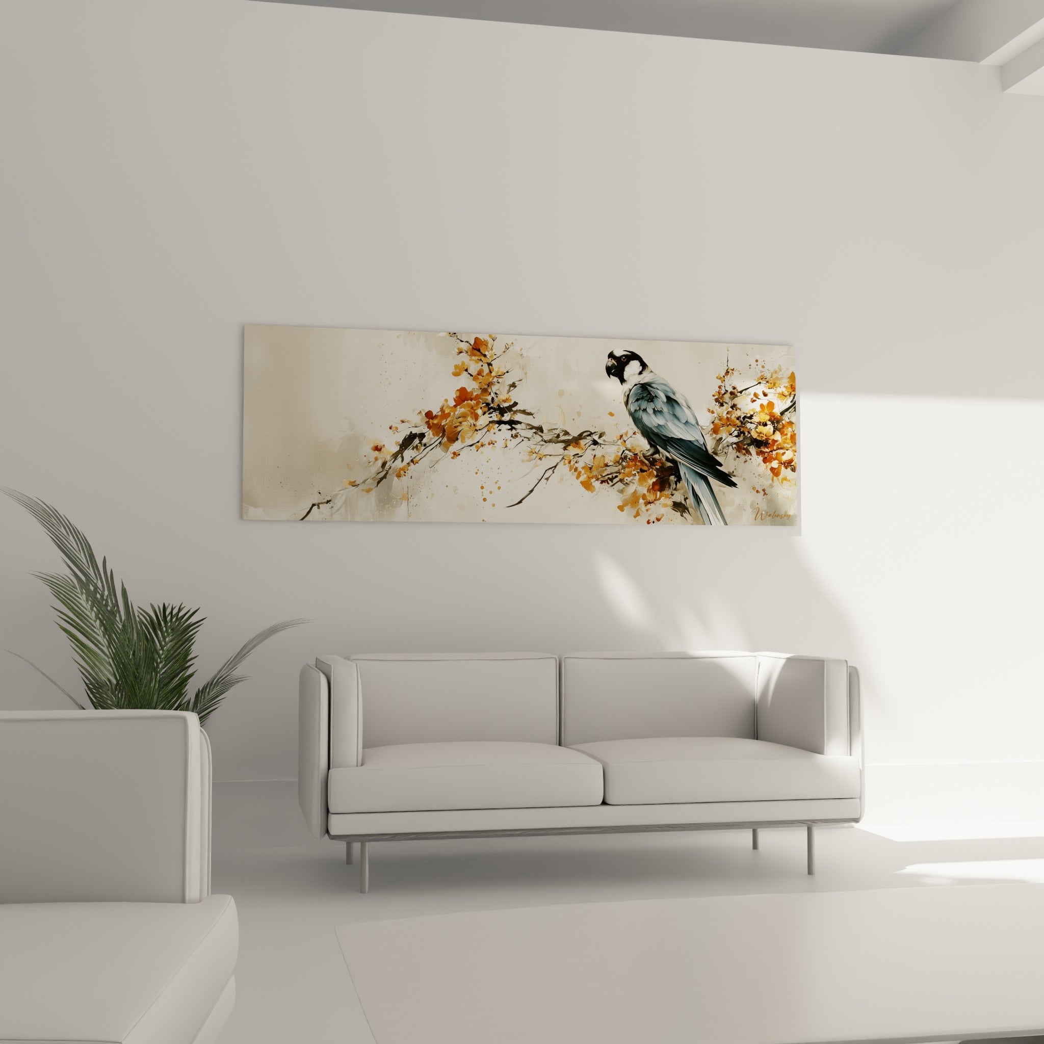 Plumage anthracite et taches ocre d'un perroquet peint, œuvre suspendue au-dessus d'un canapé dans un salon lumineux
