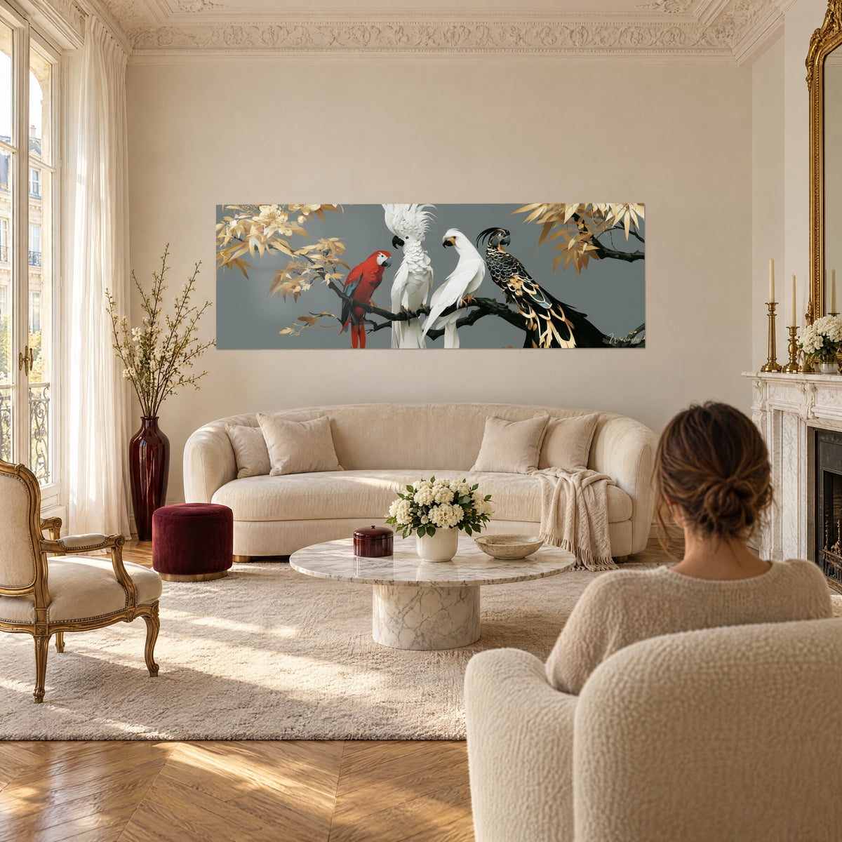 Tableau perroquets en cercle sur branche dorée, ara rouge et cacatoès blanc sur fond gris, au-dessus d'un canapé dans un salon lumineux