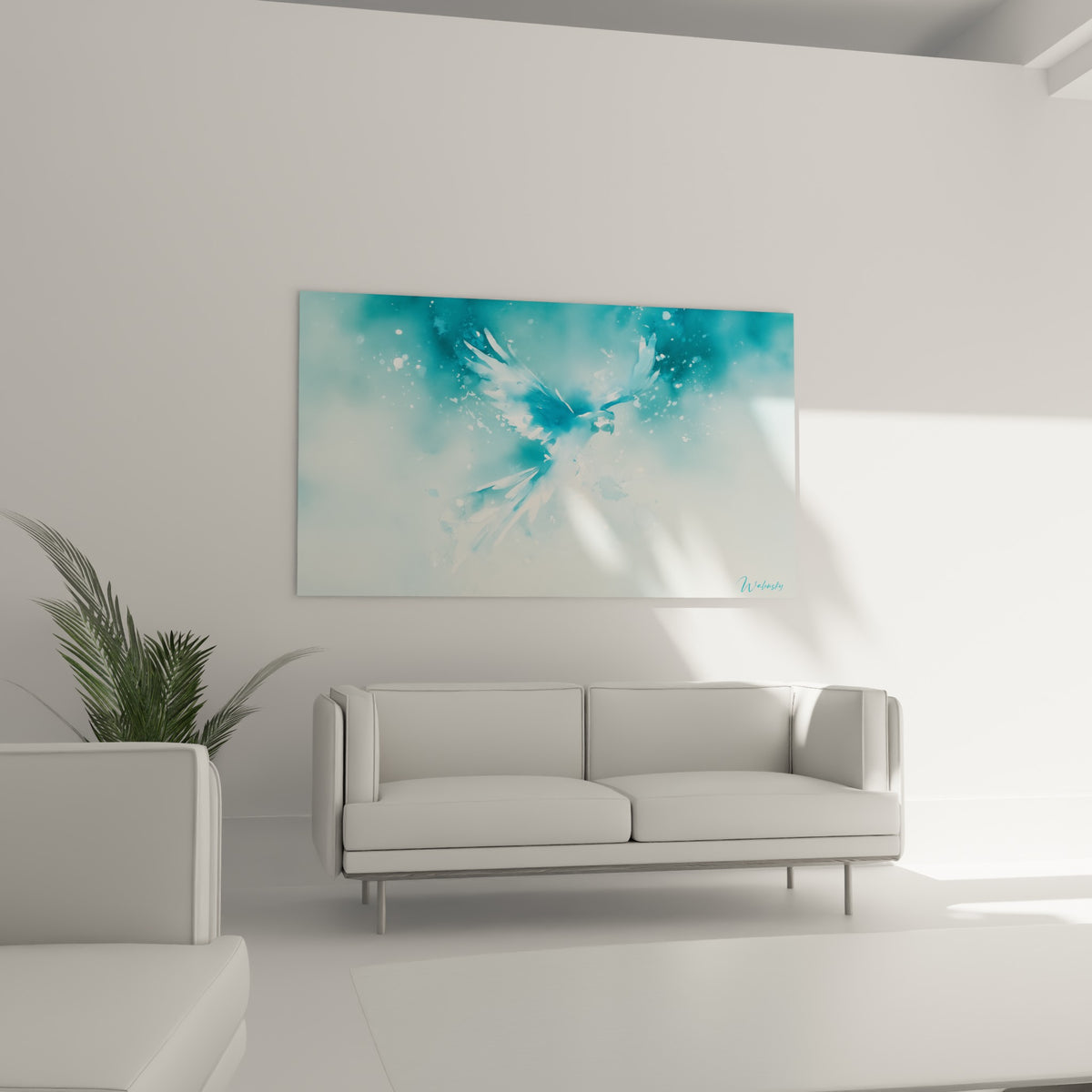 Silhouette turquoise et blanche d'un perroquet en vol suspendue au-dessus d'un canapé dans un salon lumineux