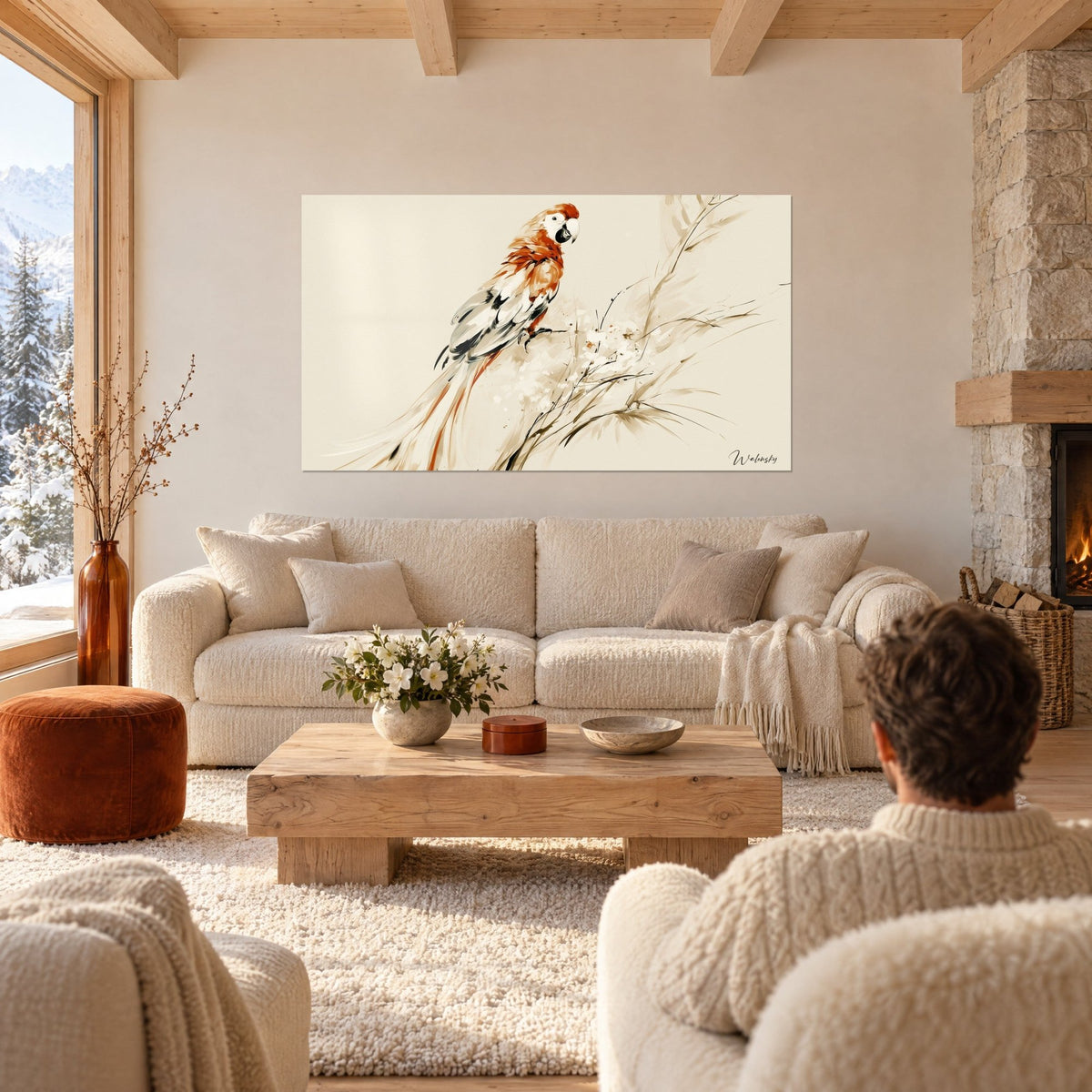 Tableau perroquet roux et blanc perché sur une branche fine, plumes noires, au-dessus d'un canapé dans un salon lumineux