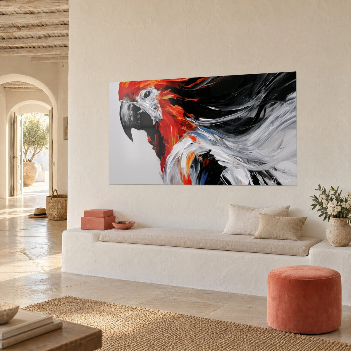 Gemälde Leuchtend roter Ara mit weiß umrandetem Auge, schwarze und graue Federn in Schnörkeln, Putzwand eines mediterranen Hauses