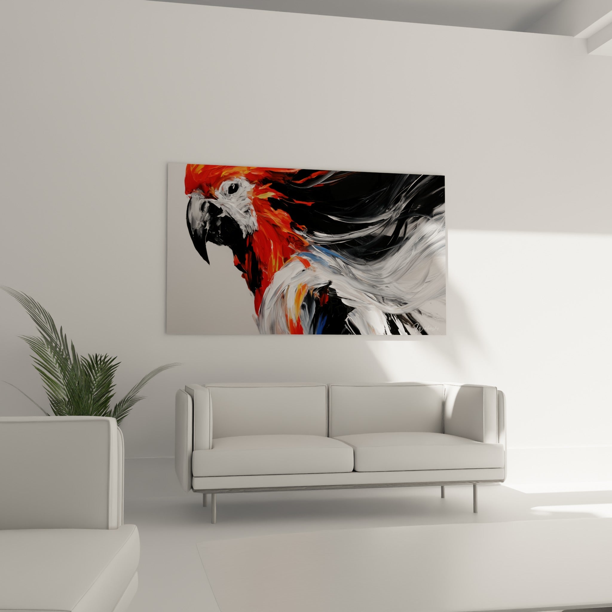 Tête de perroquet orangée et blanche aux longues plumes noires, au-dessus d'un canapé dans un salon lumineux.