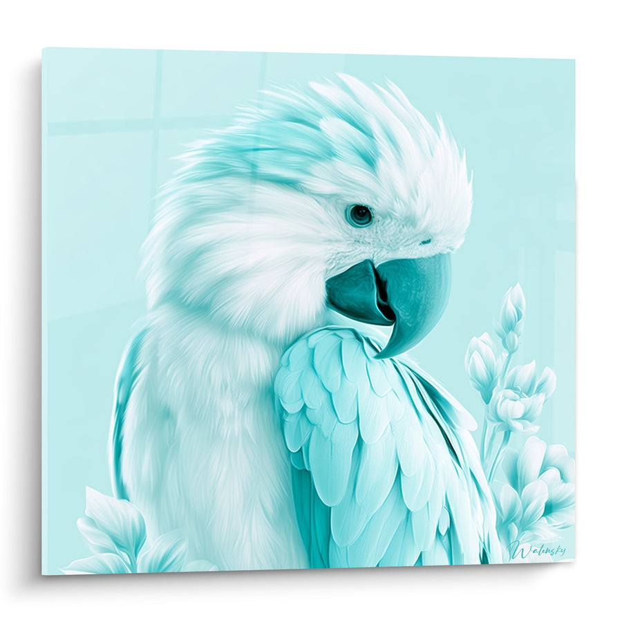 Tableau Perroquet blanc et bleu turquoise à plumes - Brume matinale - Edition Perroquet