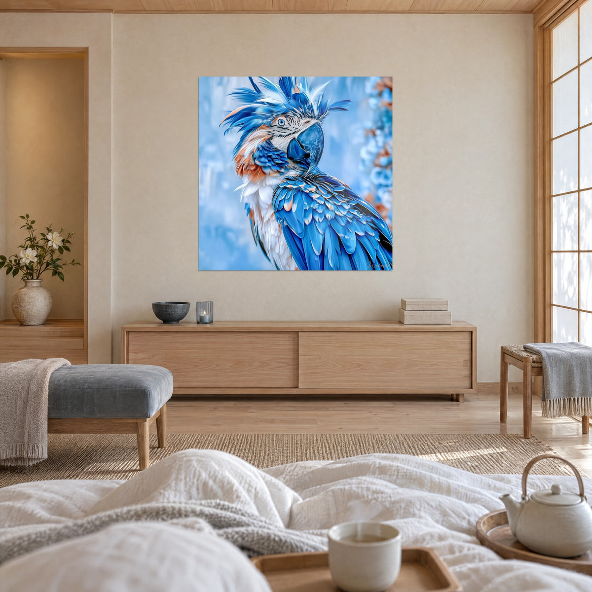 Wall art of a bird with sky-blue and cream feathers, piercing clear eye, above a bed in a bright bedroom