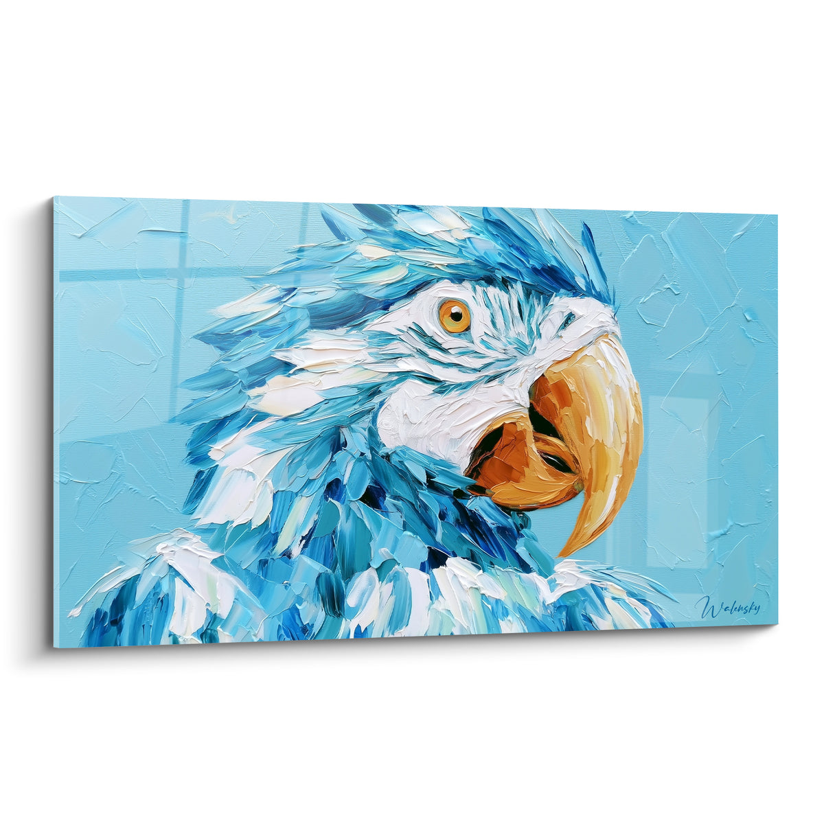 Perroquet bleu ciel et blanc au bec doré, plumage texturé peint au couteau en gros plan