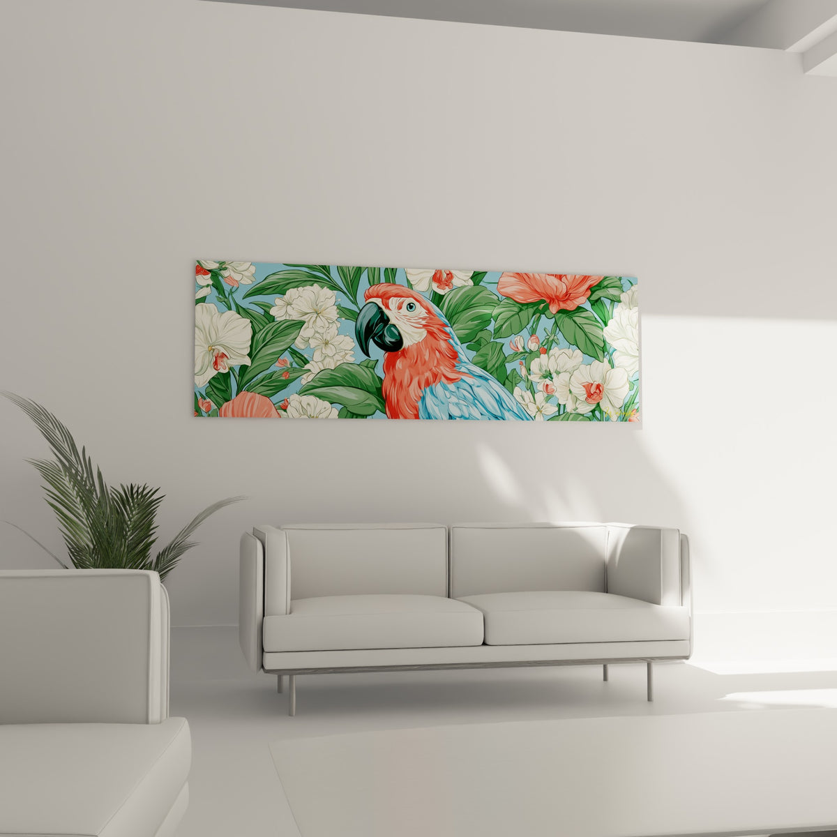 Oiseau tropical bleu et rouge caché parmi les fleurs, au-dessus d'un canapé dans un salon lumineux