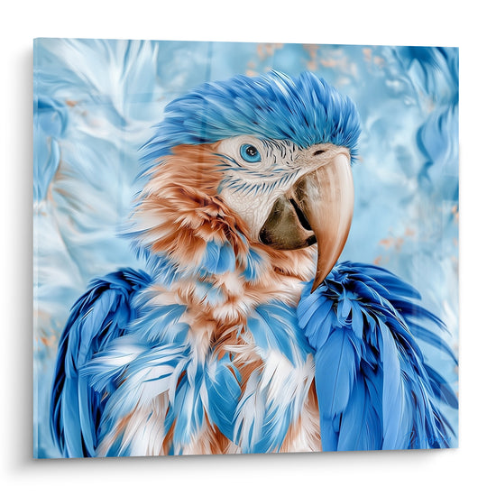 Perroquet ara aux plumes bleu ciel et pêche saumoné, œil perçant, portrait détaillé et vaporeux