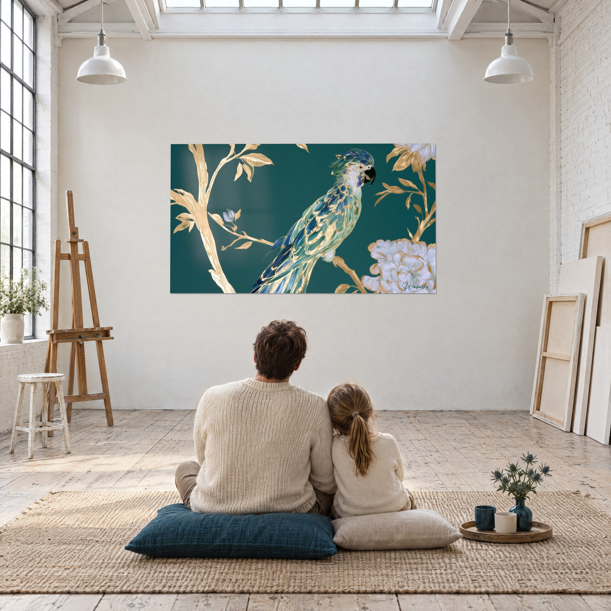 Tableau cacatoès paré d'or et de saphir devant une grande pivoine blanche, vert profond, deux personnes assises de dos dans un atelier