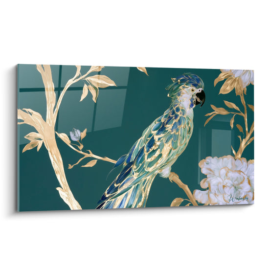 Perroquet bleu et doré perché sur une branche dorée devant un fond vert émeraude profond