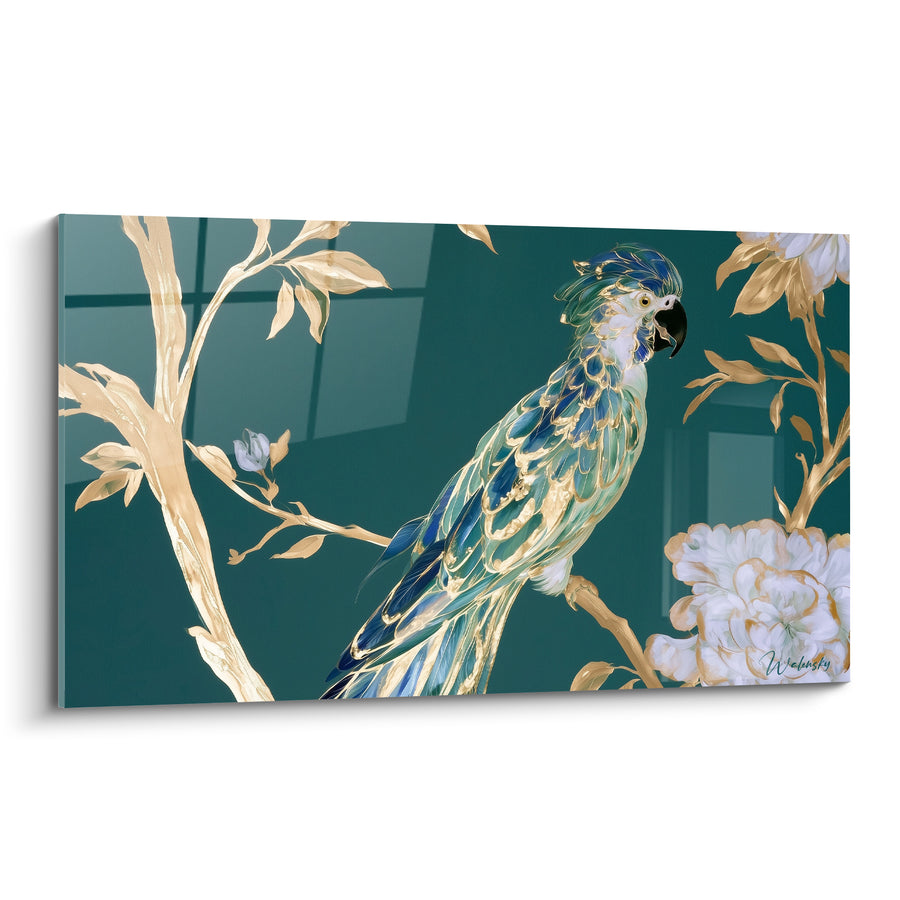 Tableau Cacatoès bleu et doré près d'une pivoine blanche - Fond émeraude profond - Edition Perroquet
