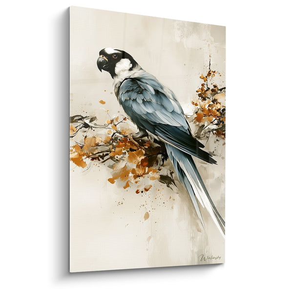 Tableau Perroquet gris et blanc parmi fleurs ambrées - Longue queue effilée - Edition Perroquet