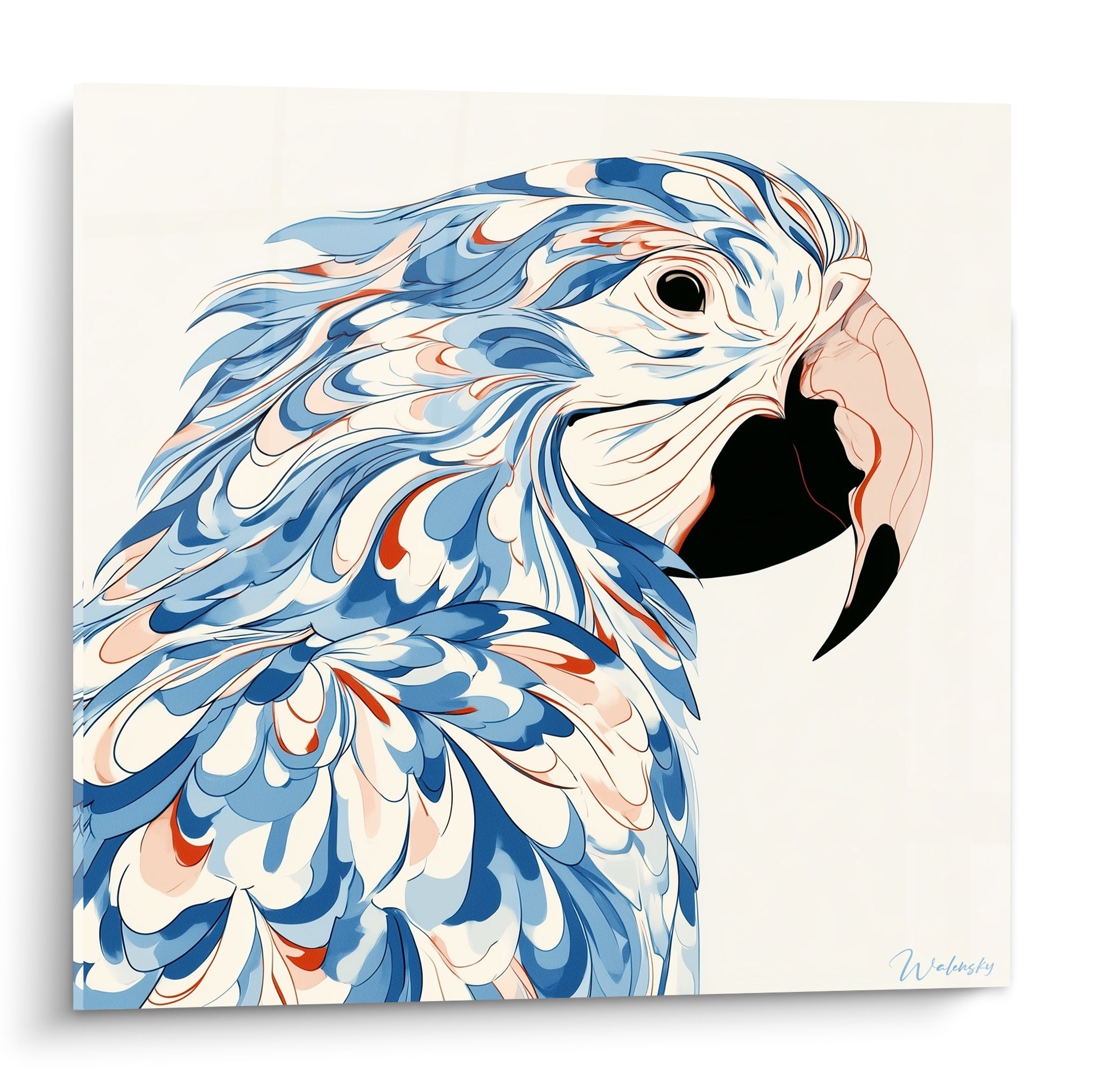 Perroquet bleu marine et corail de profil, plumage stylisé sur fond ivoire épuré