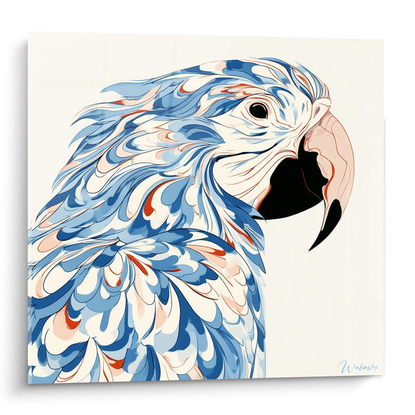 Tableau Perroquet bleu et corail aux plumes stylisées - Souffle de plumes - Edition Perroquet